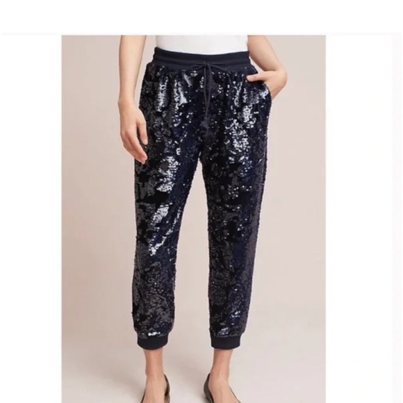 Anthropologie Saturday Sunday Black Sequin Joggers Size Medium - Picture 1 of 12